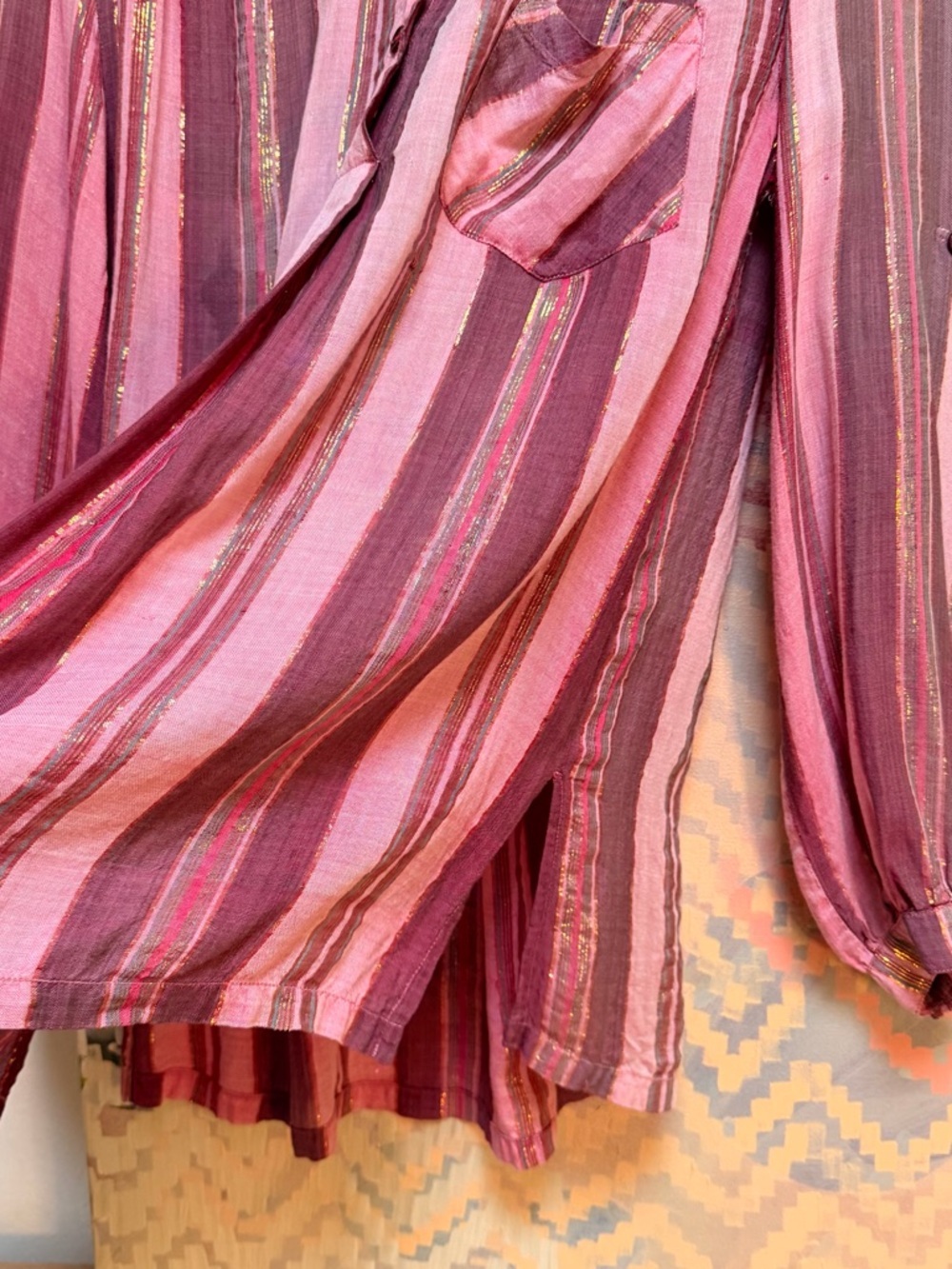 Vintage Indian Cotton Gauze Blouse Pink Metallic Stripes Size small - Picture 3 of 14